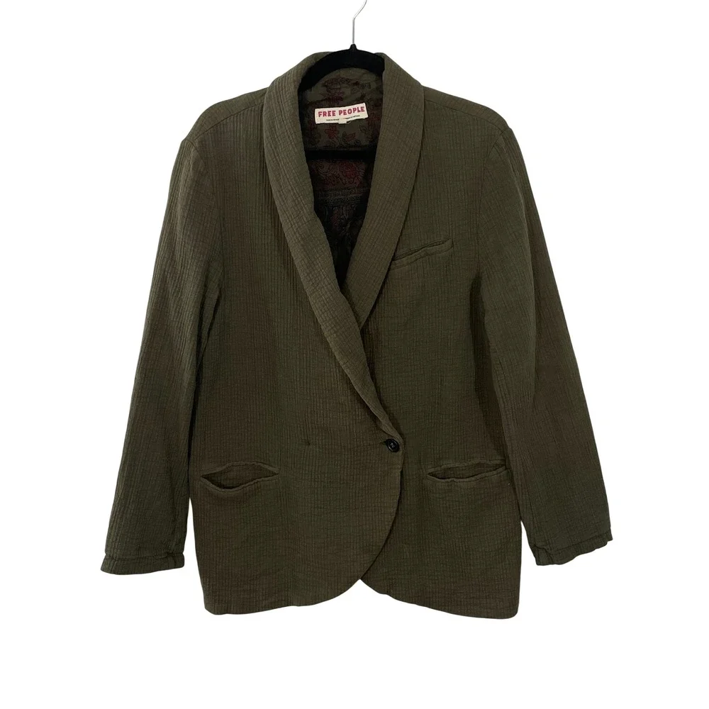 Free People Rowan Dark Olive Green Gauze Cotton Blazer‎ SMALL Jacket OB1112308